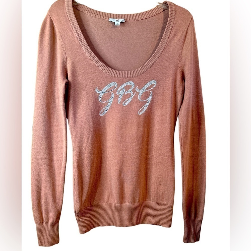 Guess by Guess jeans scoop neck bling logo long sleeve top/sweater pink/rose